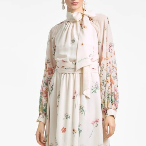 Sachin & Babi Size 6 Vera Pink Green‎ Cream Floral Long Sleeve Gown Maxi Dress - Picture 2 of 5